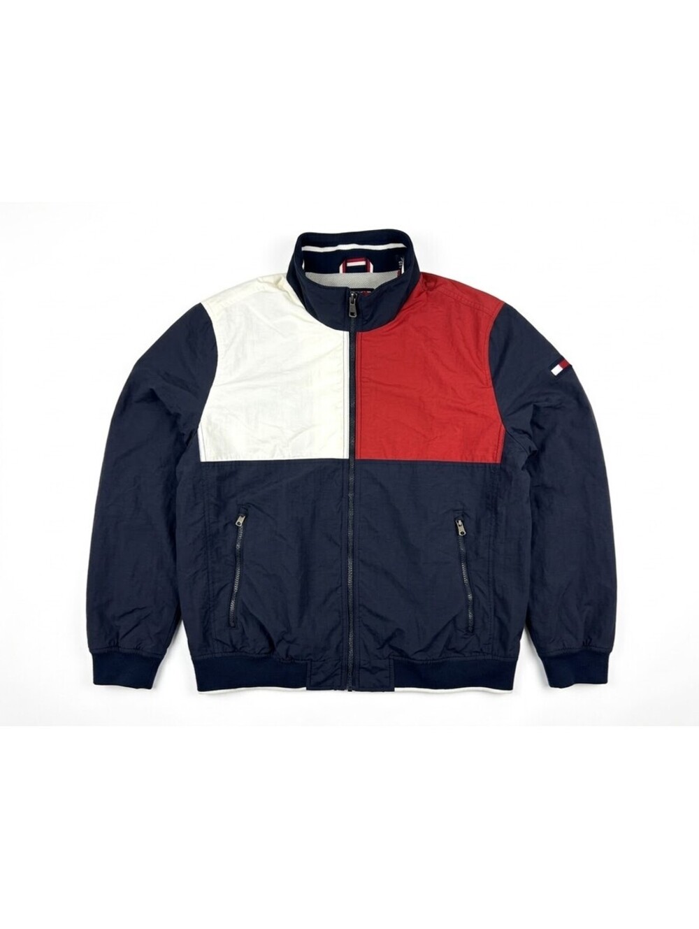 Tommy Hilfiger Mens Large Colorblock Jacket Windbreaker Water Resistant Navy Red
